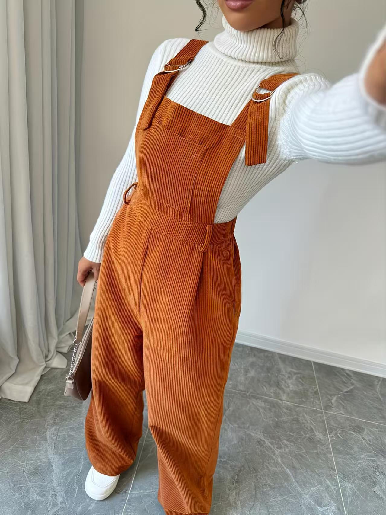 Women's Corduroy Overalls Loose Straight Trousers Jumpsuits