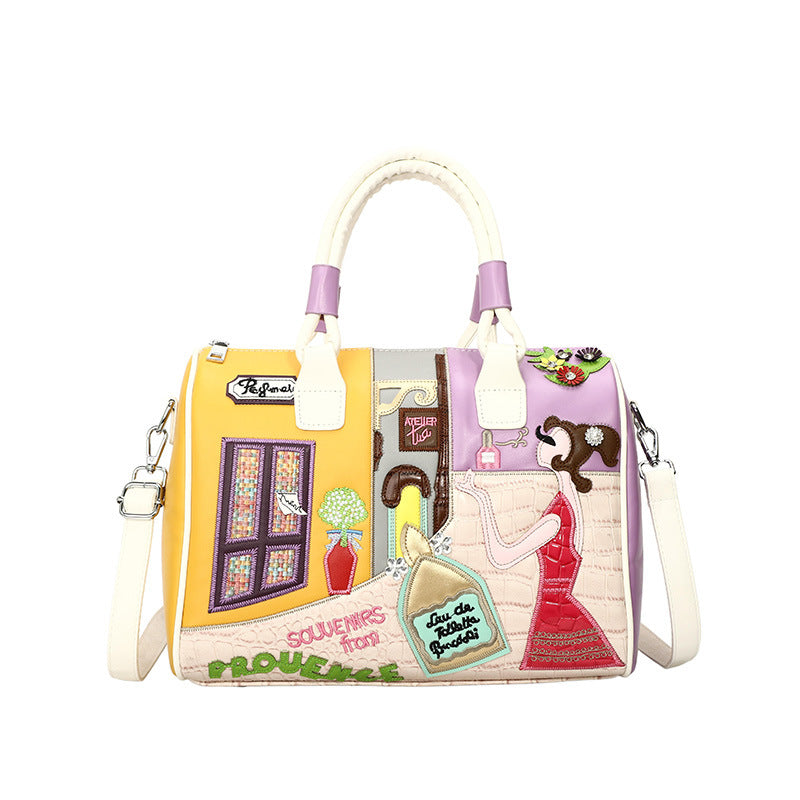 Retro Large Capacity Portable Boston Niche Embroidered Patch Crossbody Bags