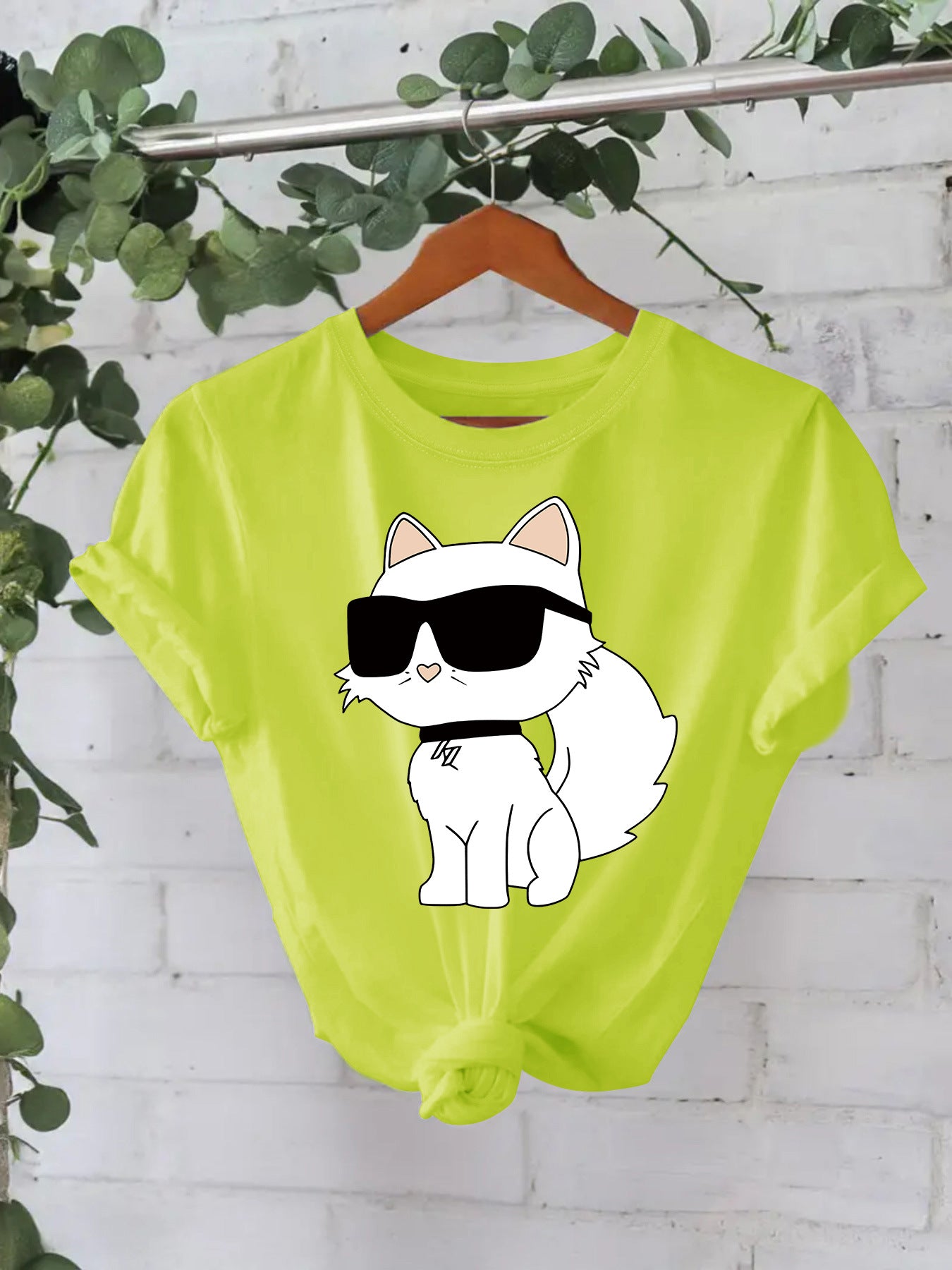 Casual Sleeve Female White Sunglasses Cat Summer Round Neck Women's T-shirt