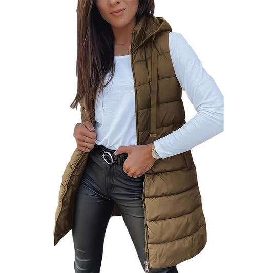 Women's Solid Color Hooded Zipper Cotton Mid-length Vests