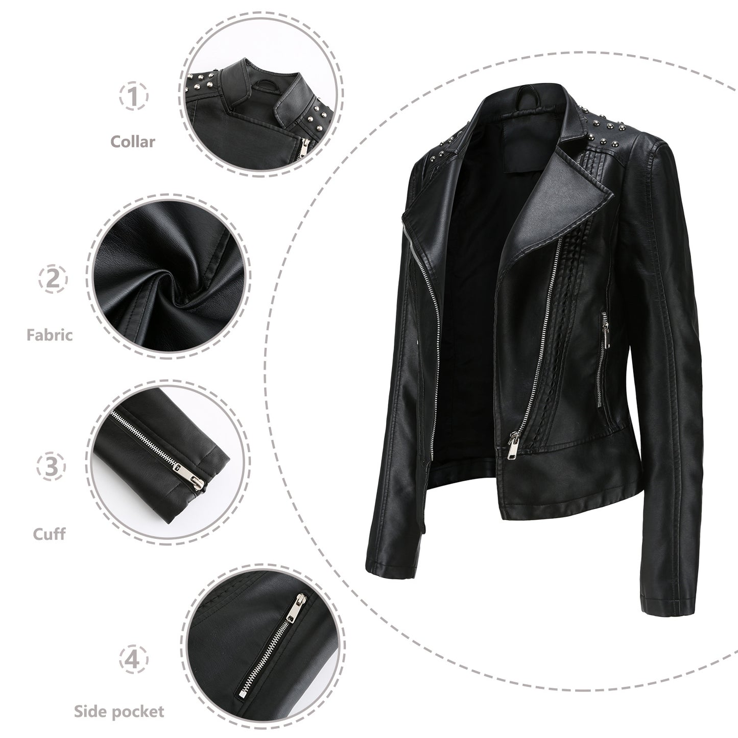 Women's European Beaded Leather Long-sleeved Fashion Lapel Clothing