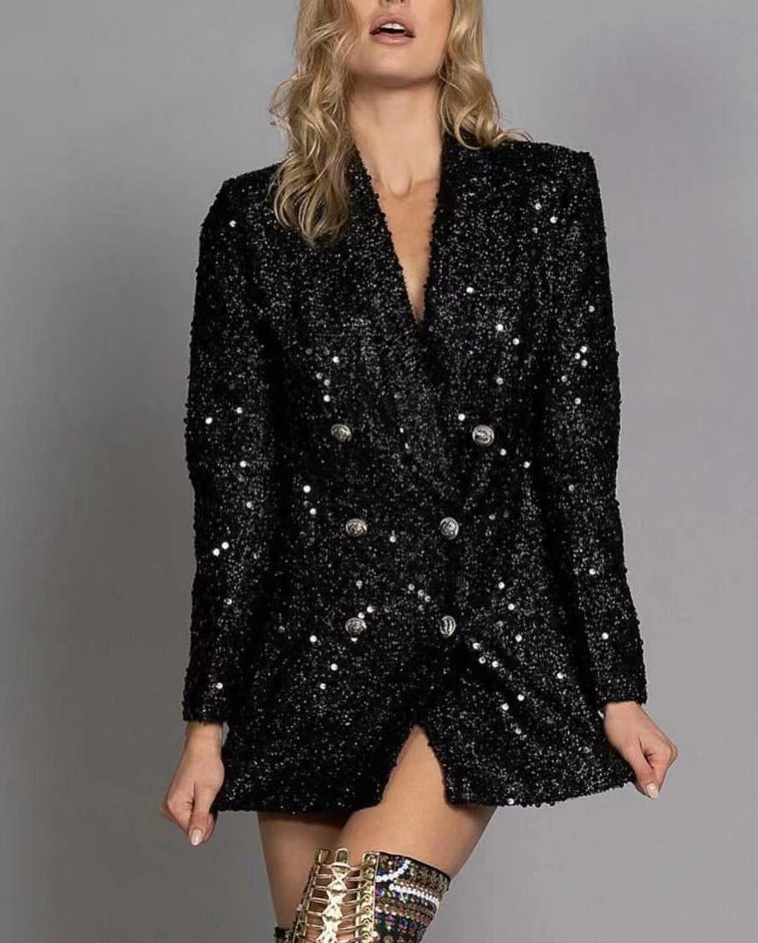 Double Breasted Black With Paillettes Slim Jackets