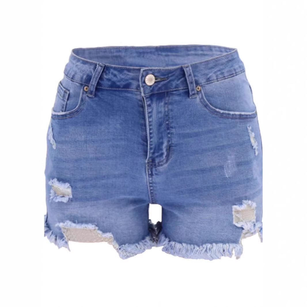 Women's Denim High Waist Elastic Hole Shorts