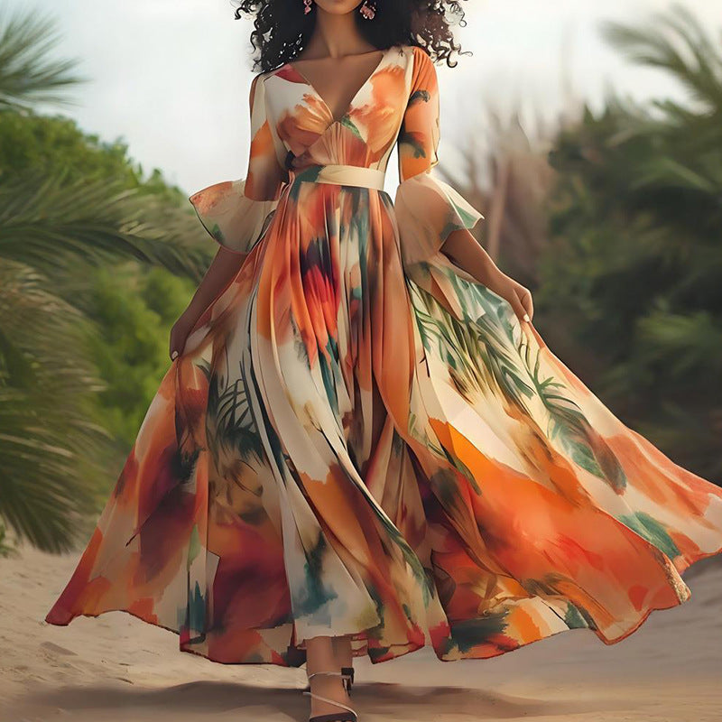 Women's Fashion Printed Vacation Style Large Swing Dresses