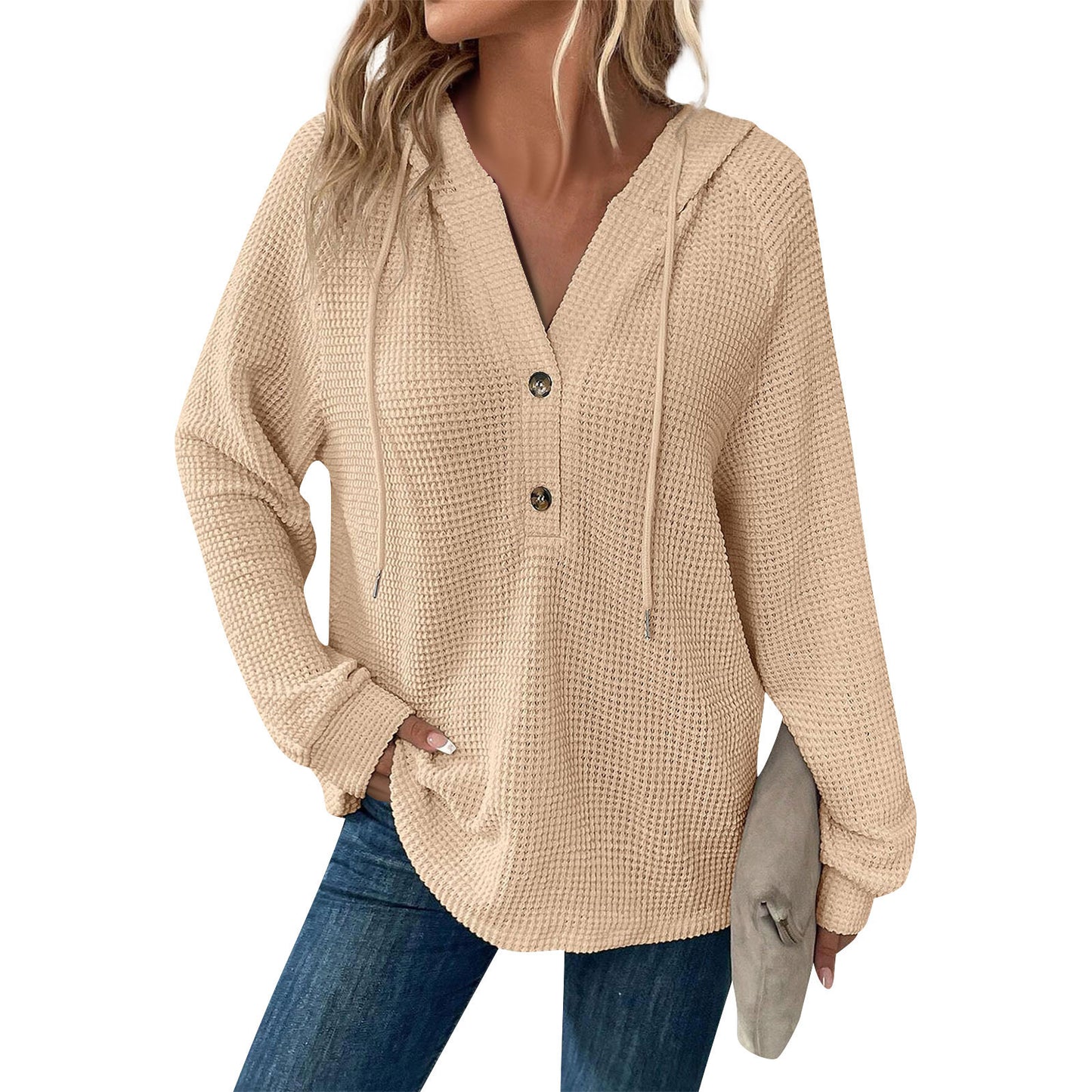 Women's Color Waffle Hooded Button Loose Long Women's Sweater, Sweater