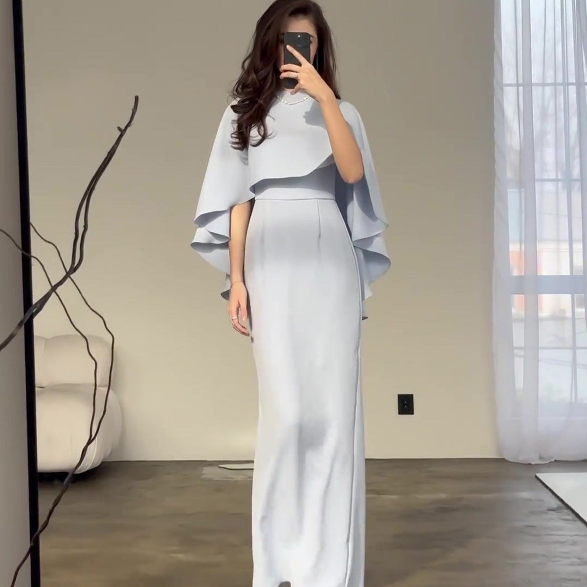 Color Satin Bat Shawl Temperament Long Dresses