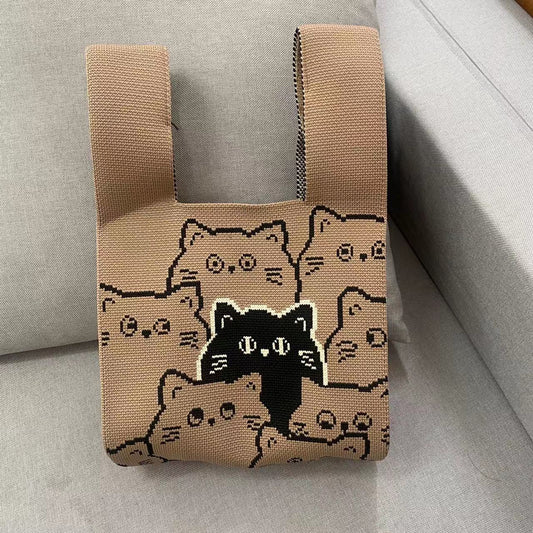 Women's Cat Wool Knitted Woven Underarm Shoulder Bags