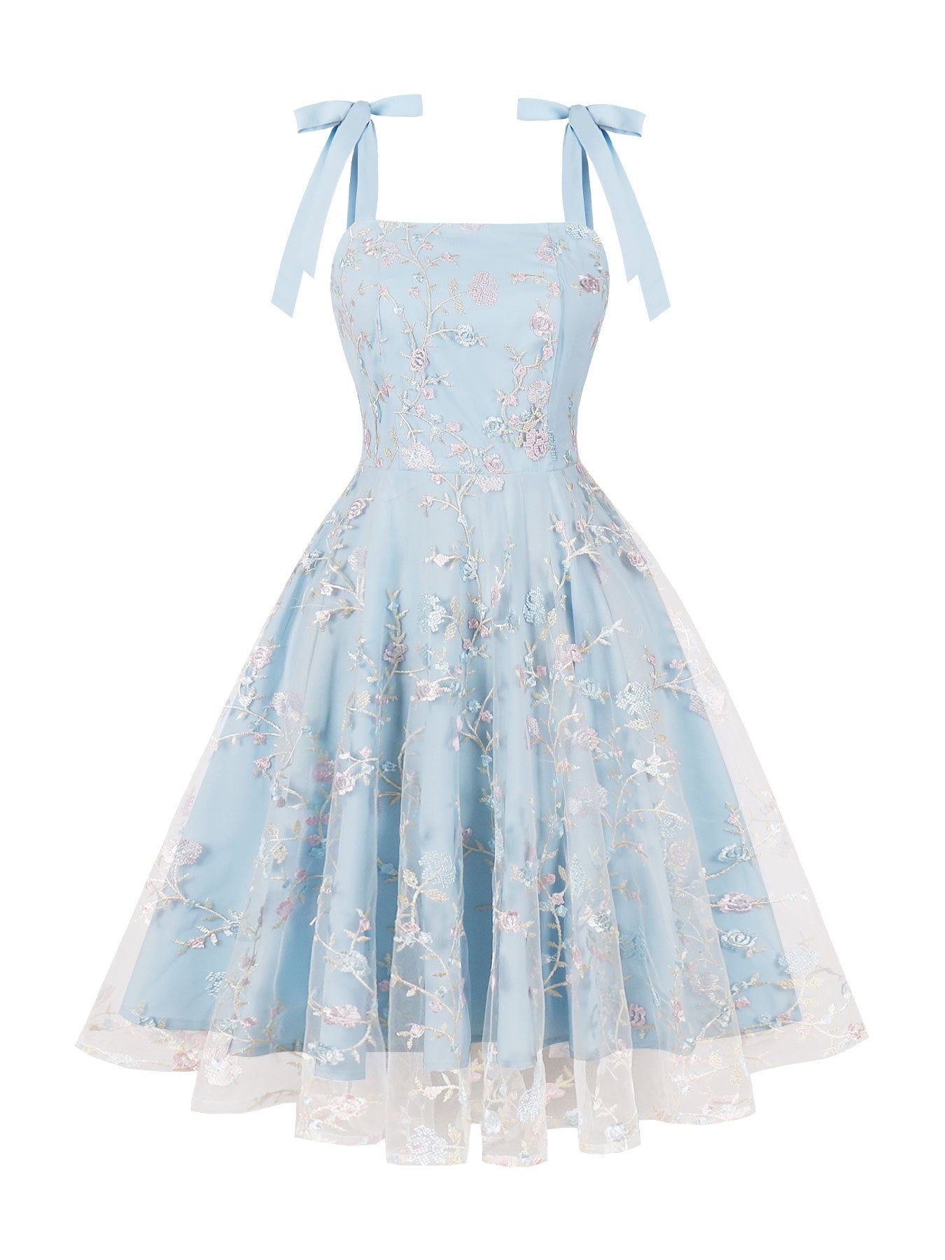 Women's Embroidered High Waist Hepburn Style Retro Spaghetti Dresses