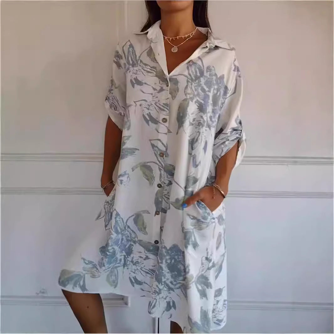 Women's Flora Creative Pattern Fashion Long Sleeve Lapel Dress