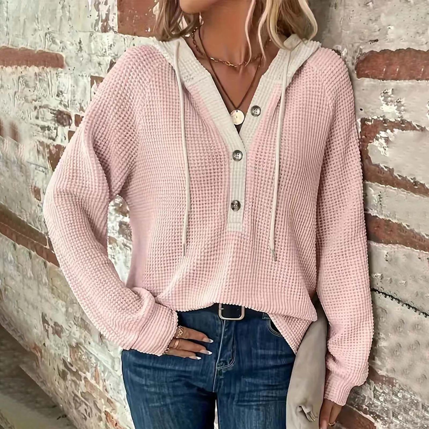 Women's Solid Color Waffle Hooded Button Loose Matching Women's Sweater, Sweater