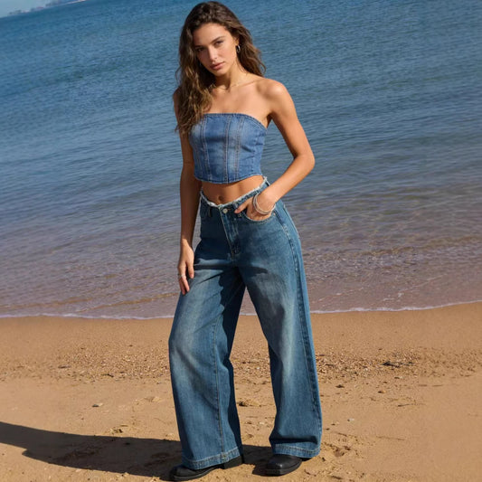 Women's Retro Creasing High Waist Distressed Loose Pants