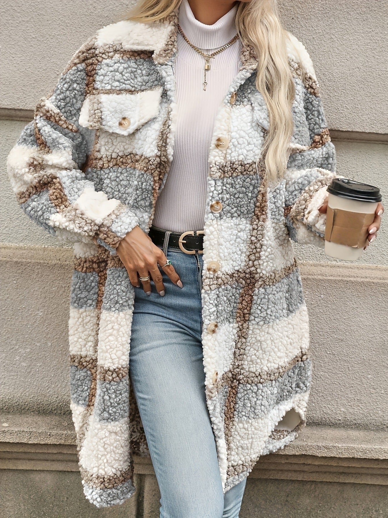 Women's Popular Thickened Lapel Checked Woolen Coats