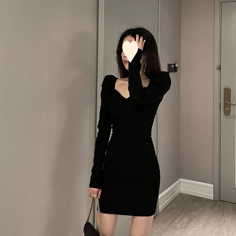 Women's French Style Puff Sleeve Black Square Collar Sheath Hepburn Dress