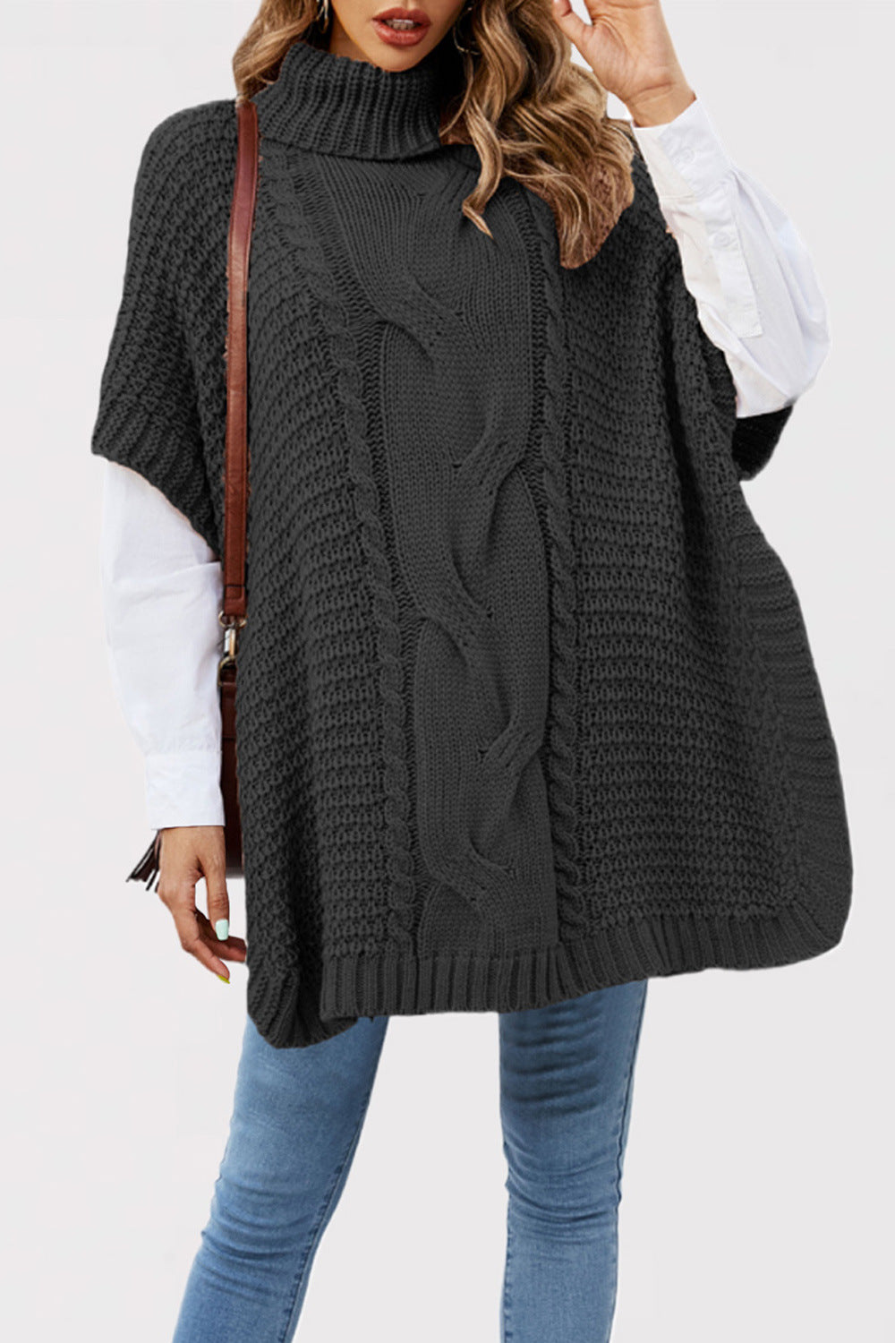 Women's Turtleneck Twist Shawl Loose Half Sleeve Sweaters