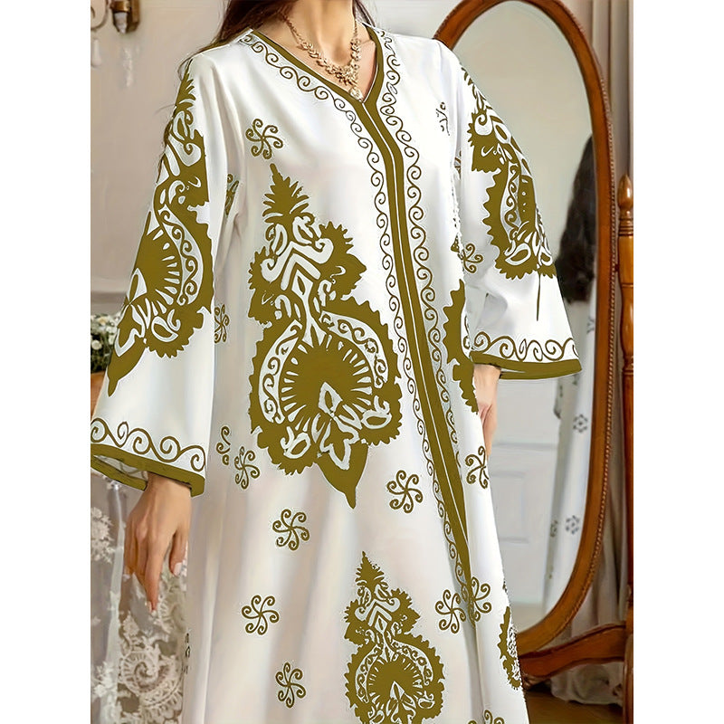 Printed Long Lantern Sleeve Casual Lace Beach Dress