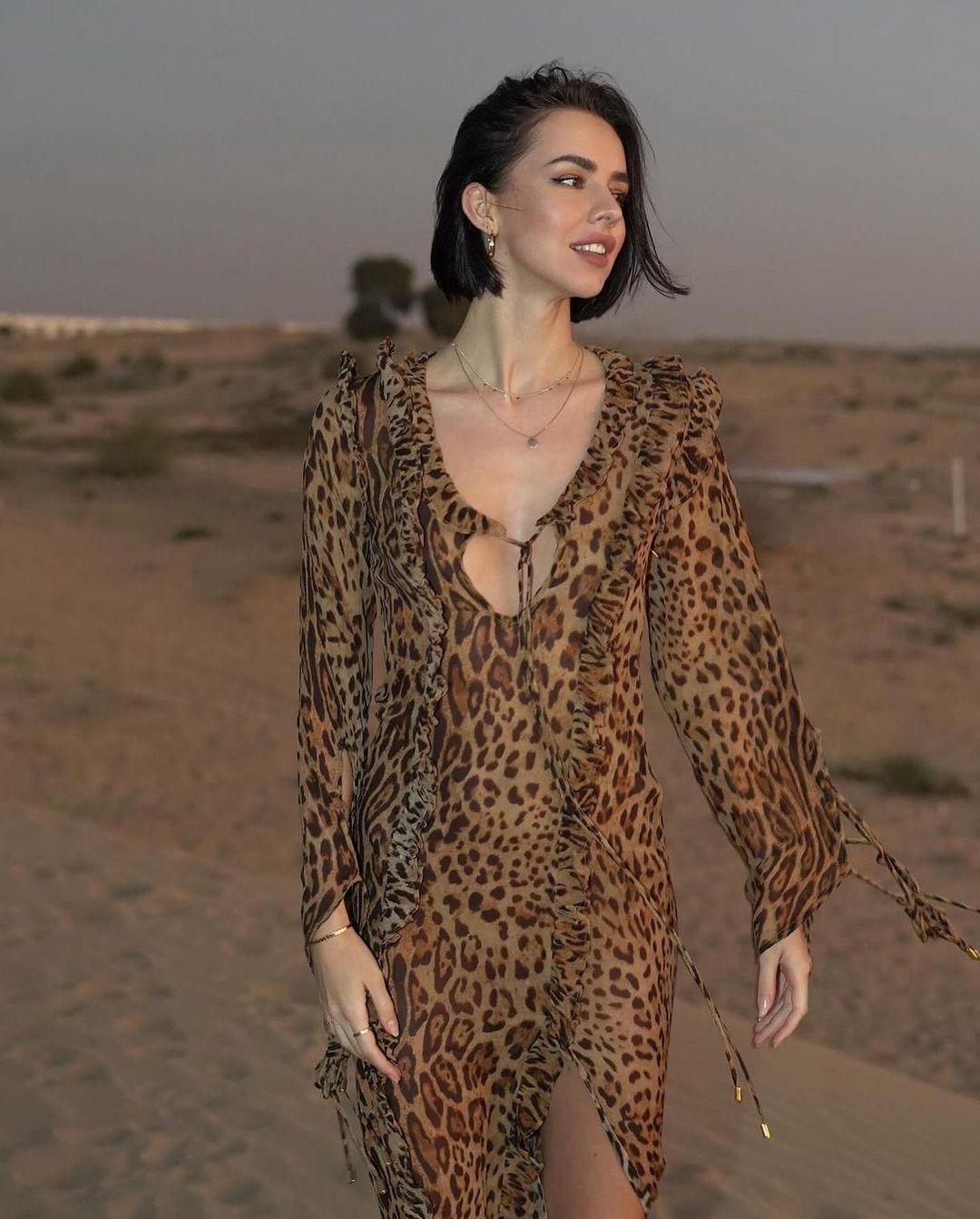 Chiffon Sexy Leopard Print Dress Ruffled Front Slit Skirts