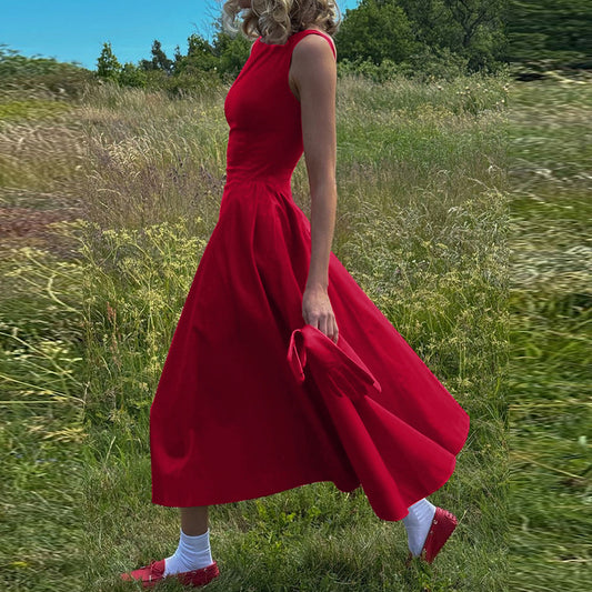 Women's Temperament Pure Color Sleeveless Waist Slim Dresses