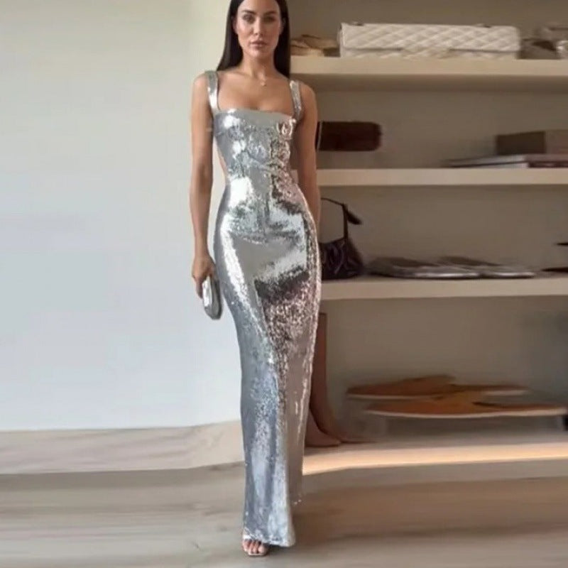 Women's Casual Halter Sequined Long Dress Dresses