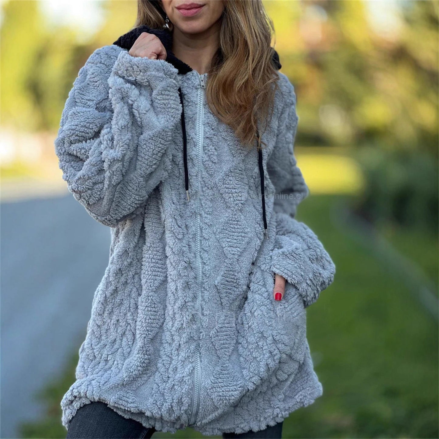 Women's Casual Hooded Solid Color Fur Zip Long Sleeve Coats