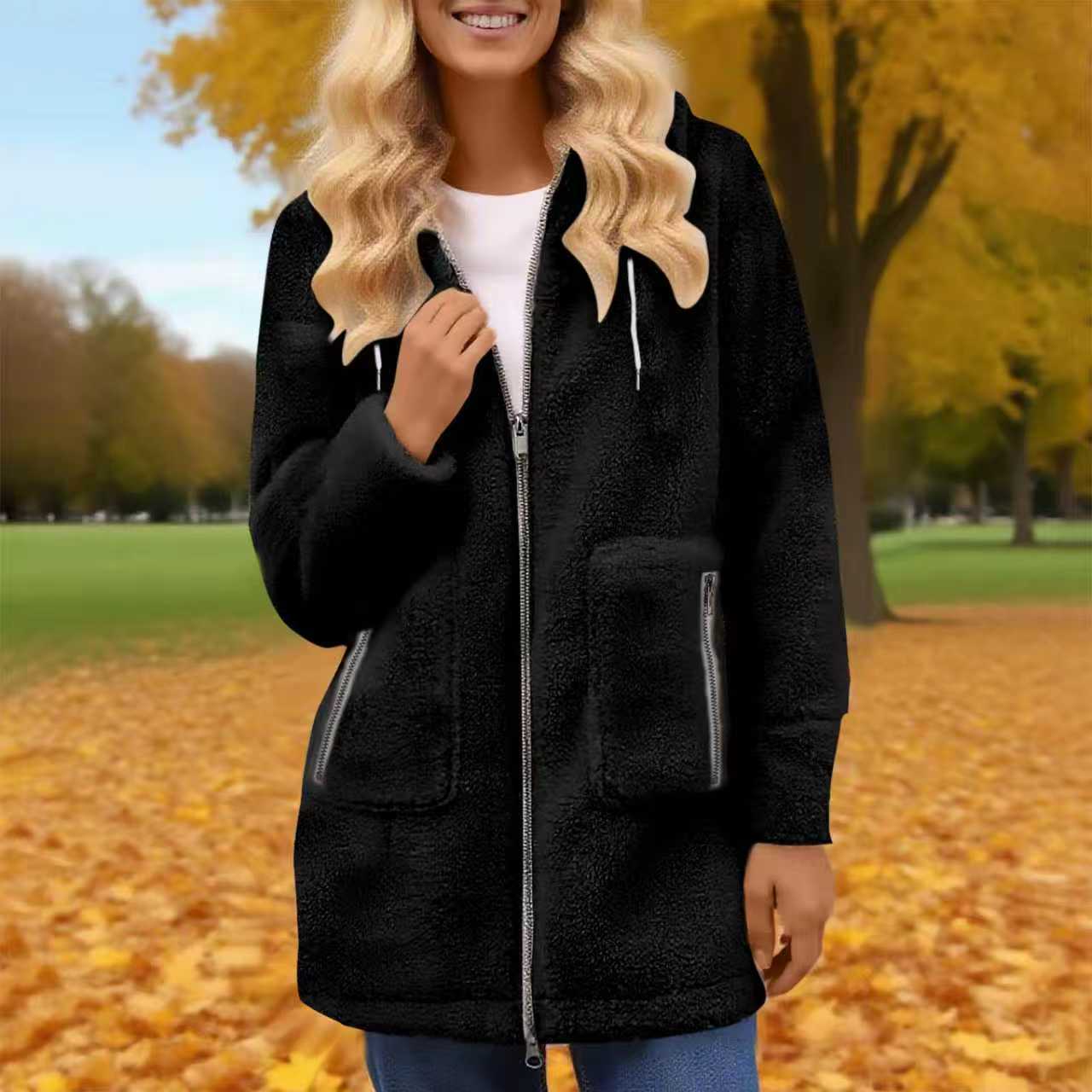 Casual Fashionable Zipper Pocket Lamb Wool Coats