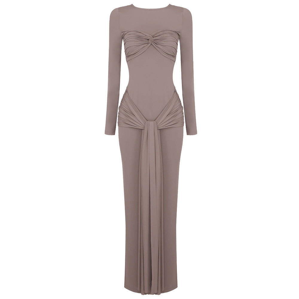 Women's Spring White Coffee Colored Long-sleeved Ribbon Dresses