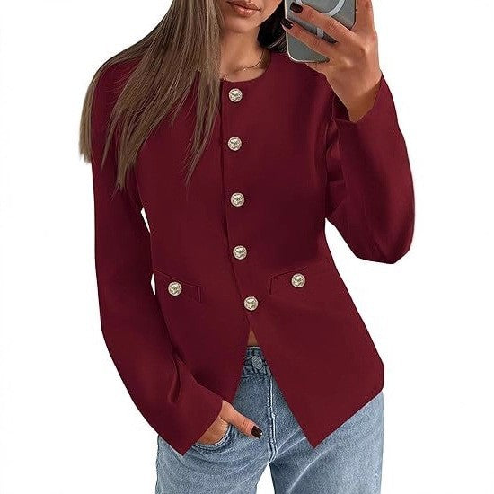 Women's Round Neck Long Sleeves Button Pocket Blouses