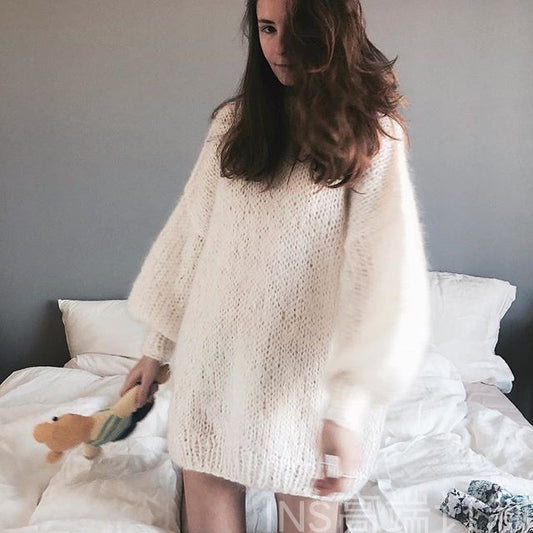 Women's Hand-woven Mohair Lantern Sleeve Pullover Sweaters