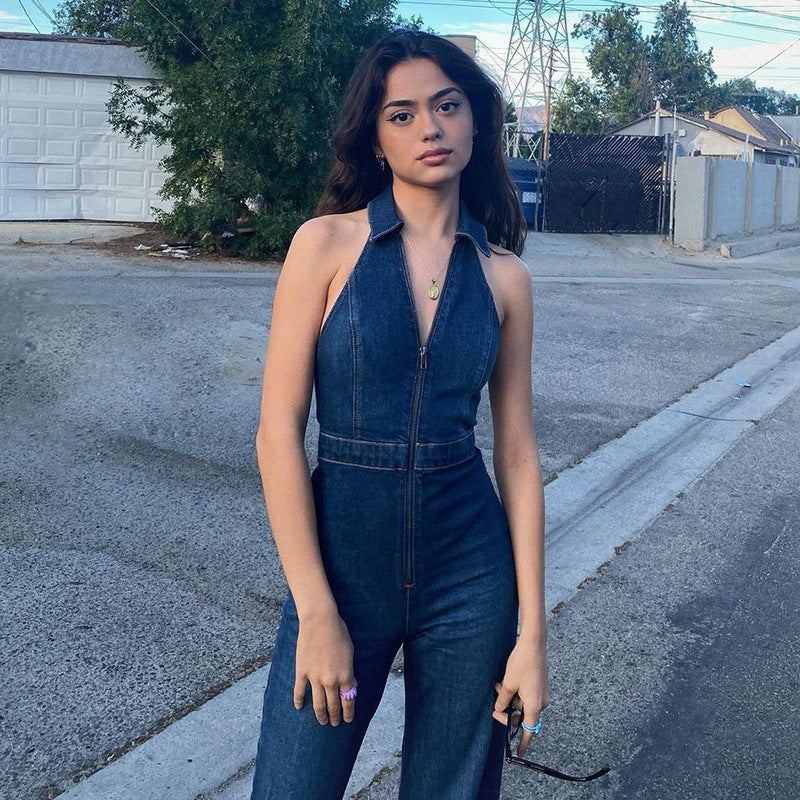 Women's Fit Slimming Street Retro Style High Jumpsuits