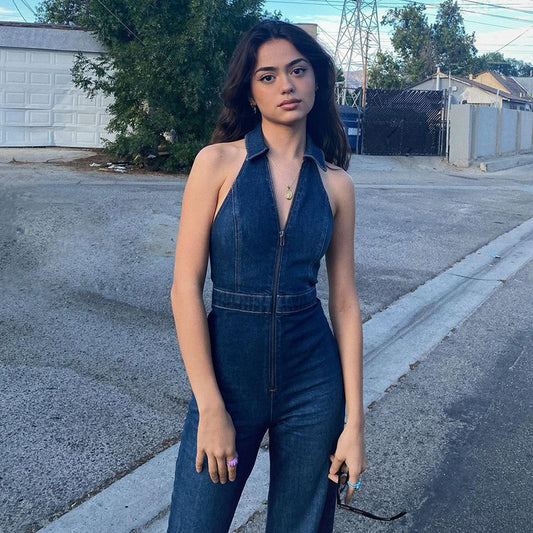 Women's Fit Slimming Street Retro Style High Jumpsuits