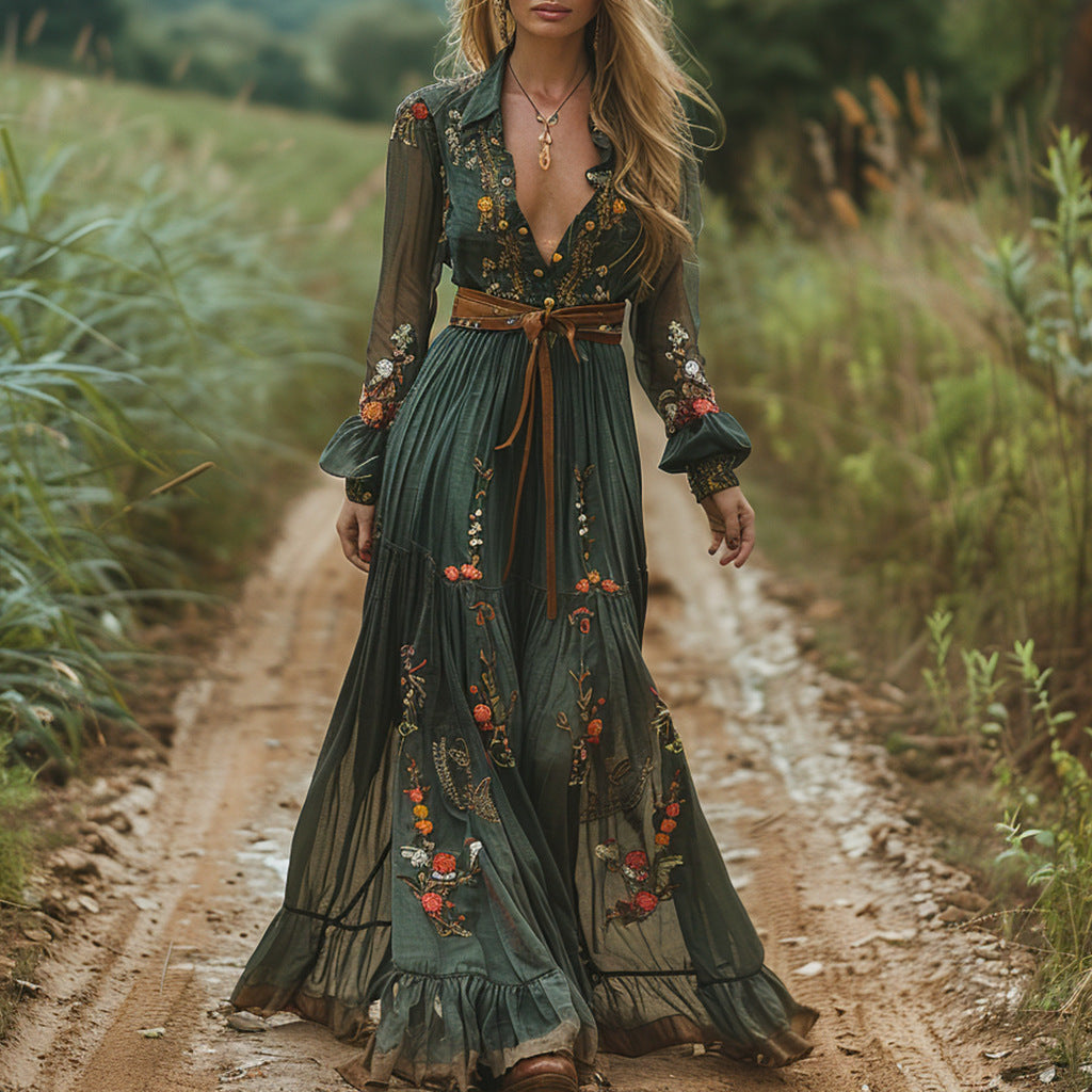 Autumn Retro Pastoral Style Printed Long-sleeved Dresses