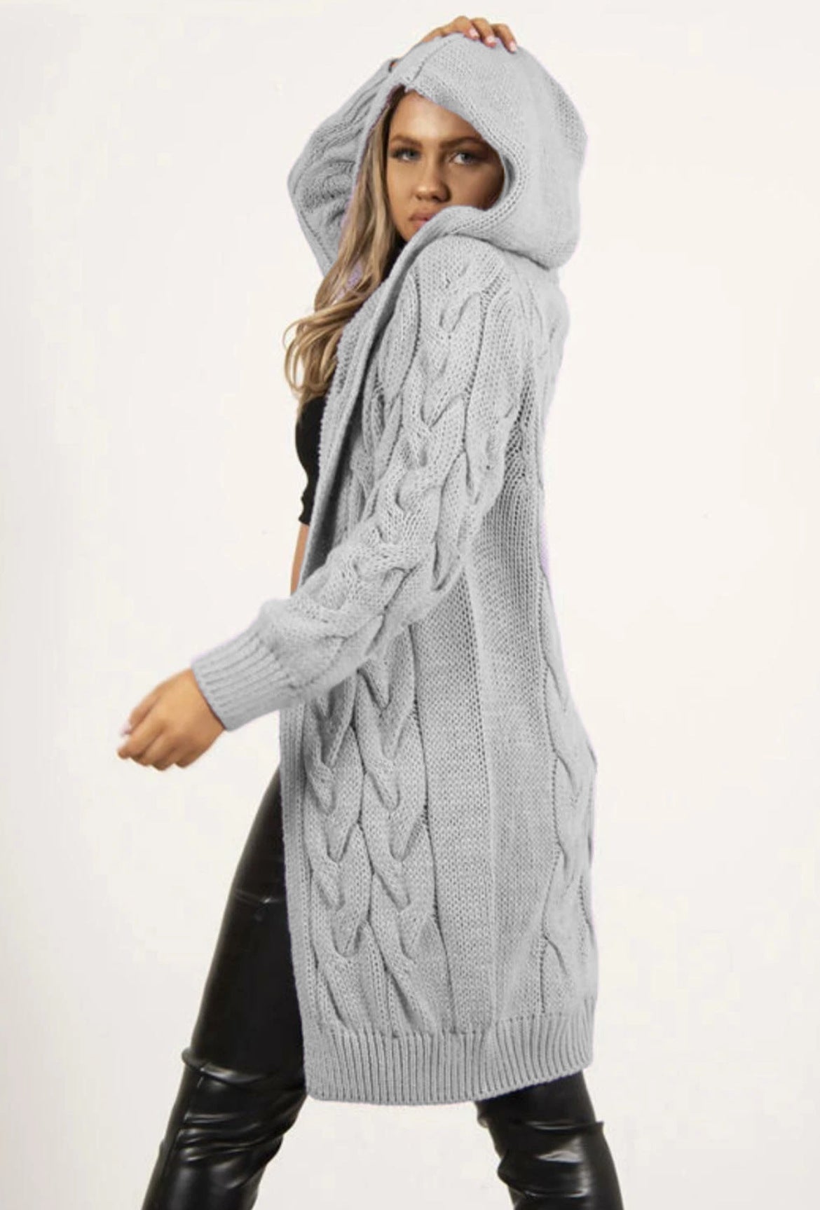 Women's Large Long Hooded Knit For Knitwear