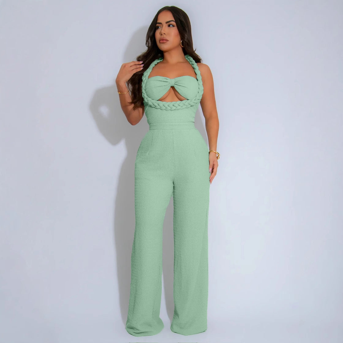 Design Woven Style Spaghetti Straps Sleeveless Loose Pants