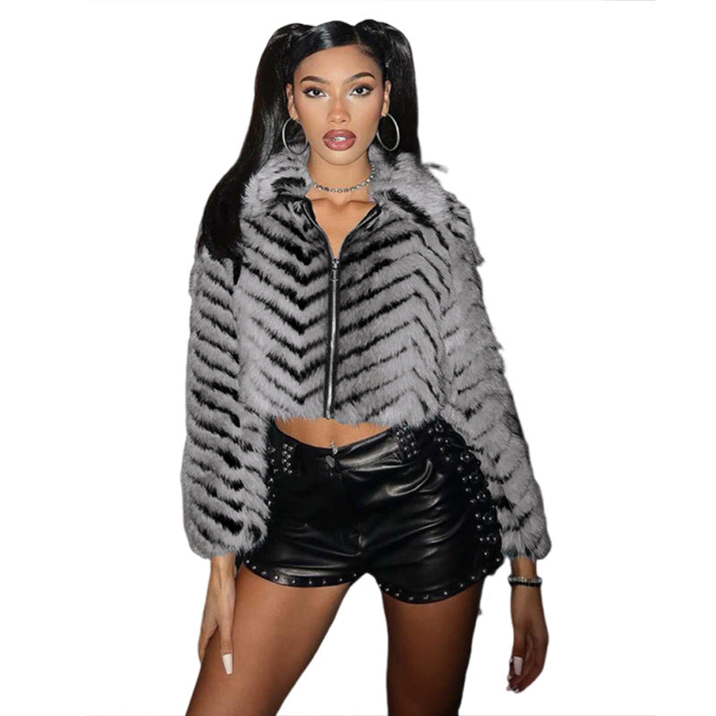 Women's Fashion Temperament Striped Lapel Zipper Fur Coats