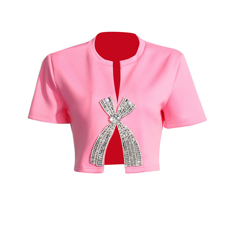 Women's Fashion Simple Rhinestone Bow Short-sleeved Summer Tide Style Women's T-shirt