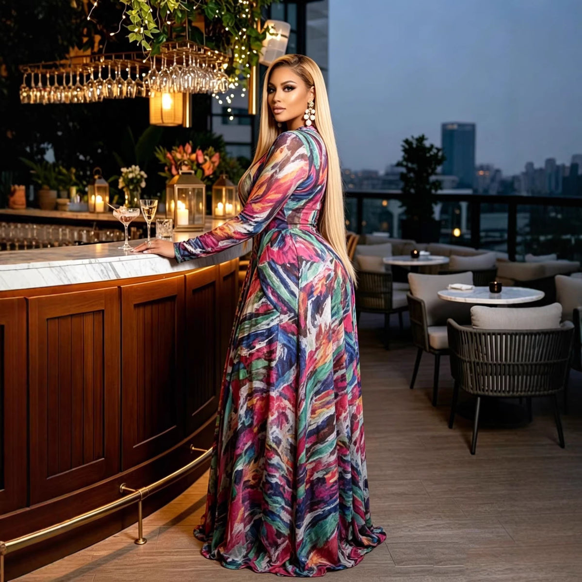 Women's African Temperament Printed Large Swing Round Neck Long Sleeve Waist Dress