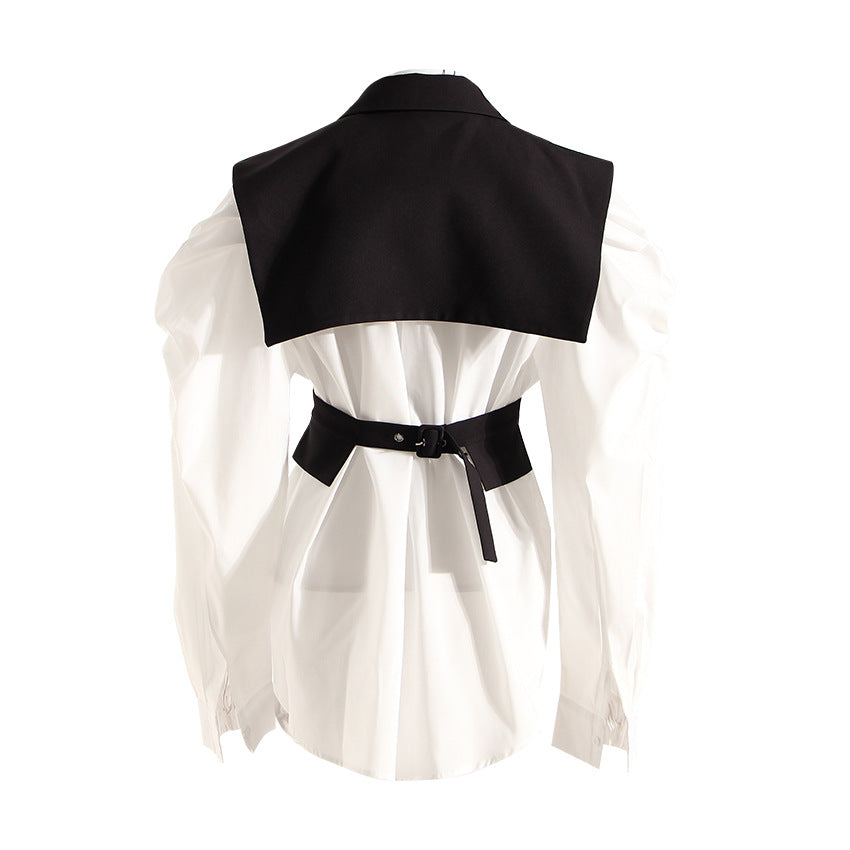 Slimming Puff Sleeve White Shirt Waist Trimming Lace Blouses