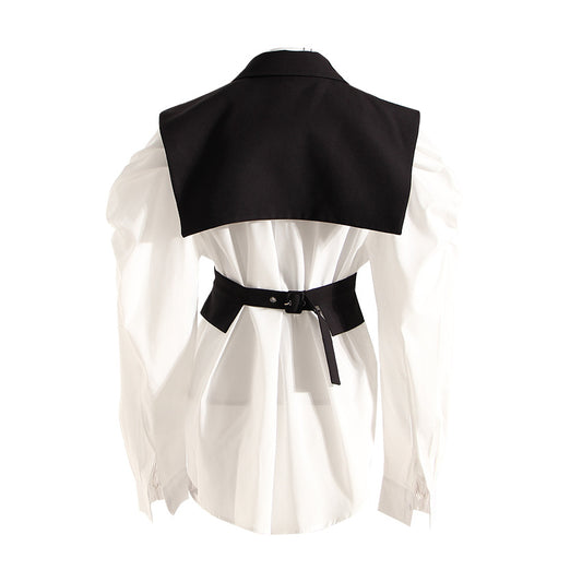 Slimming Puff Sleeve White Shirt Waist Trimming Lace Blouses