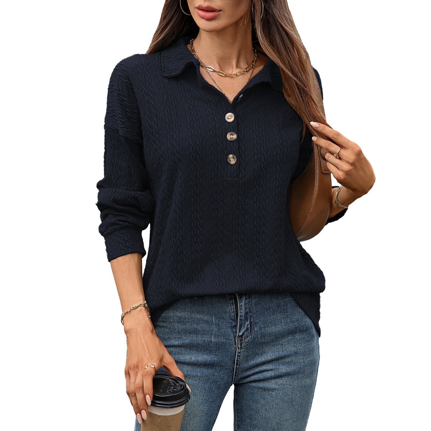 Women's Solid Color Polo Collar Button Loose Long Sleeve Women's Sweater, Sweater