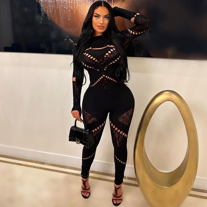 Women's Autumn Long Sleeve Hollow Sexy Slim Fit Bodysuit Fashion High Women's Jumpsuit/clothing