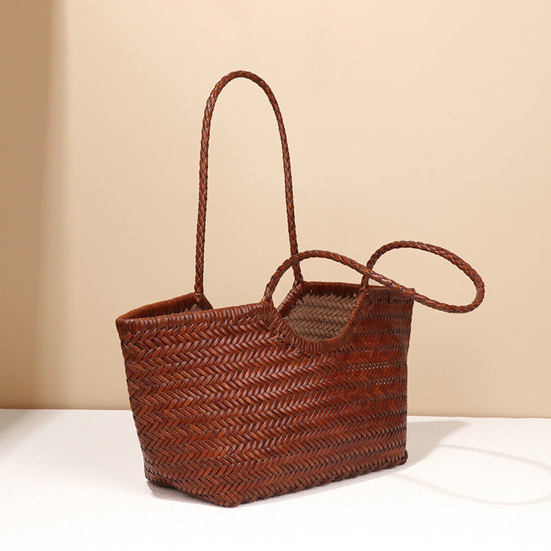 Women's French Retro Authentic Leather Weave Vegetable Basket Tote Bags