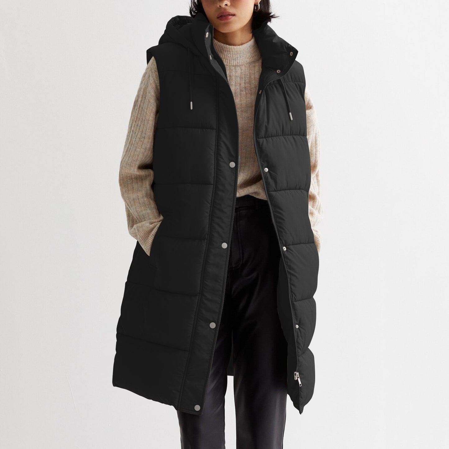 Women's Color Mid-length Hooded Casual Fashion Zipper Vests