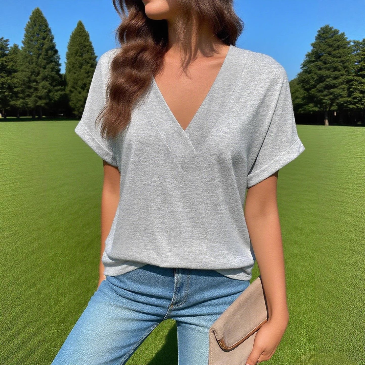 Women's Summer Casual Collar Solid Color Simple Sleeve Curling Loose Women's T-shirt