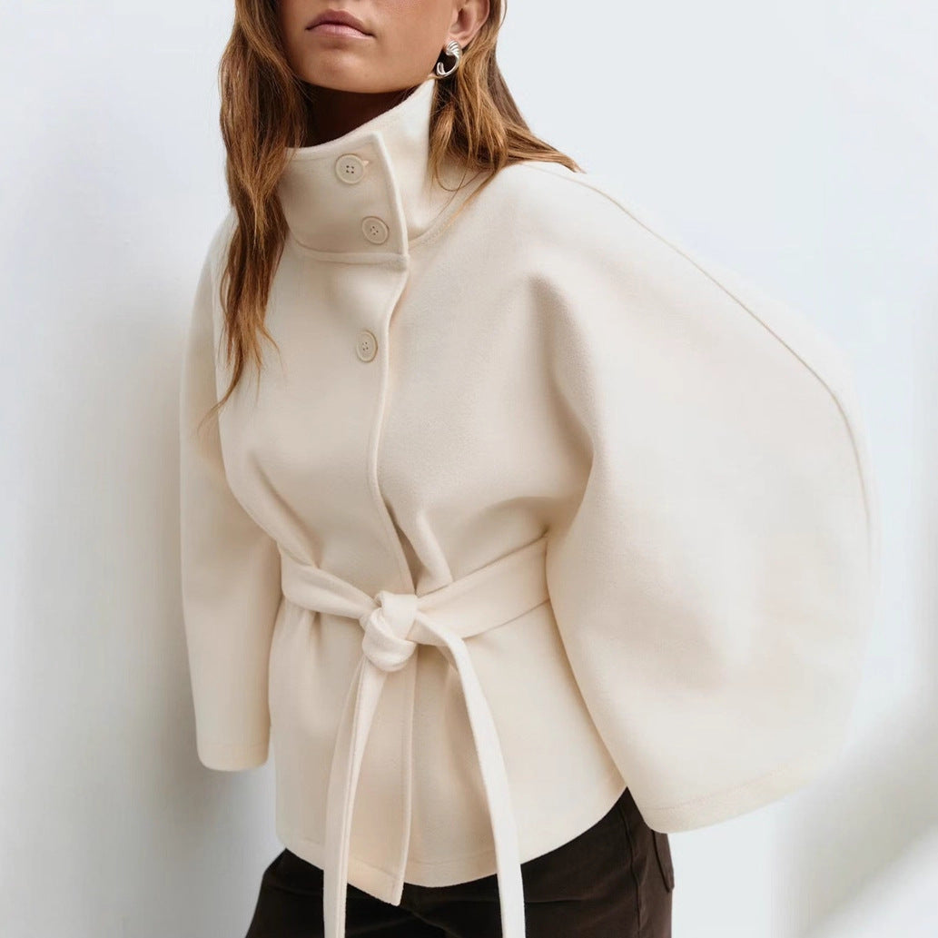 Women's Solid Color Cloak Stand Collar Button Coats