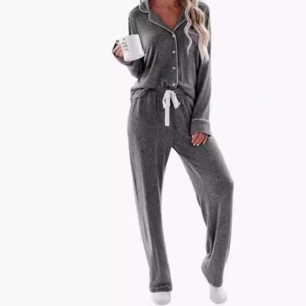 Women's Long-sleeved Trousers Lapel Button Strip Pajamas Suits