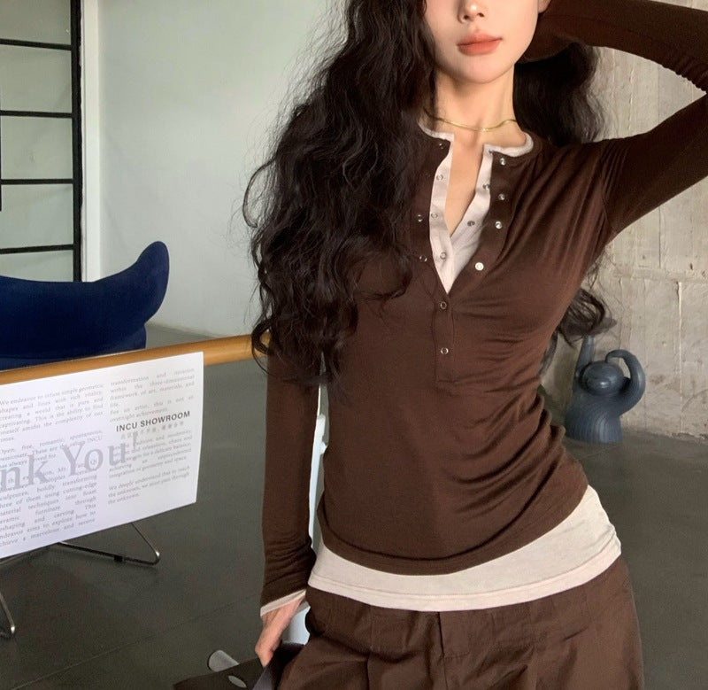 Women's Slim Fit Fake Two-piece Long Sleeve T-shirt Blouses