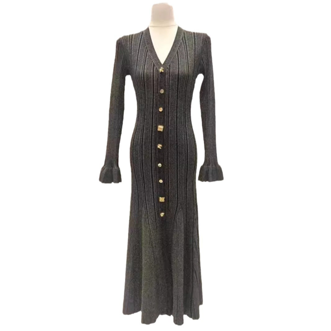 Thin Glittering Line V Single-breasted Flared Dresses