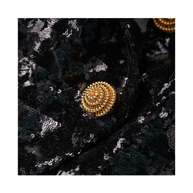 Sequined Black Panel Puff Sleeve Double Blazers