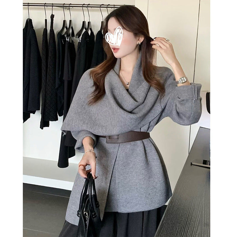 Women's Relaxed Atmosphere Scarf Collar Knitted Design Knitwear