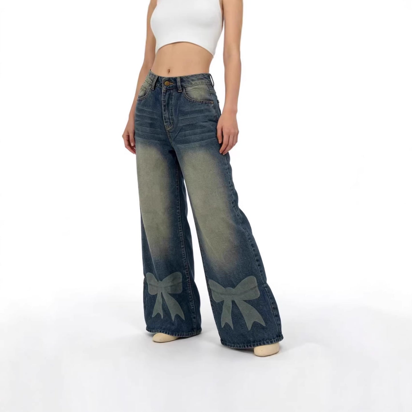 Women's Loose Casual Retro Wide Leg Bow Print Women's Jeans