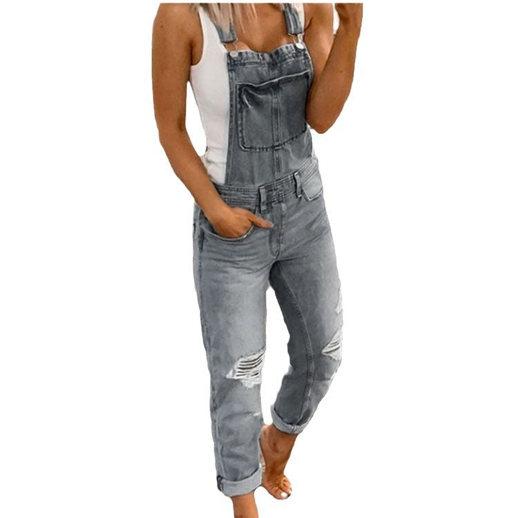 Women's Suspender Trousers Ripped Washed Slim Fit Jumpsuits